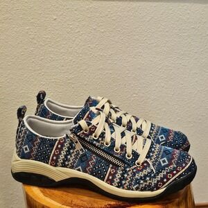Therafit Womens 8/38.5 Blue Tapestry Geometric Print Side Zip Walking Sneakers